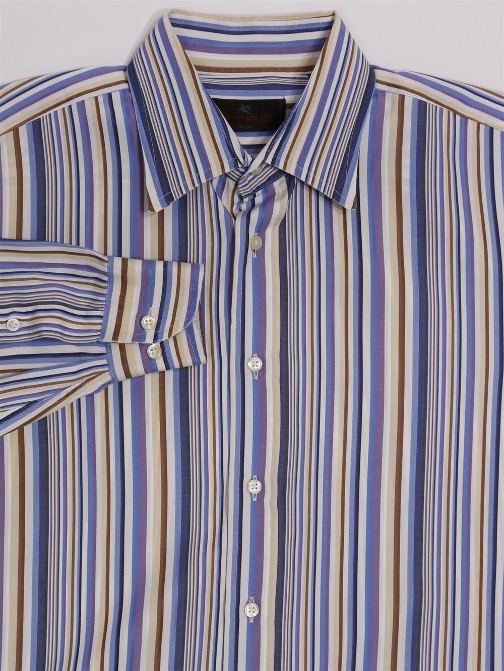 Etro Blue Brown Purple Striped Cotton Button-Up Dress Shirt (42) 16.5-34